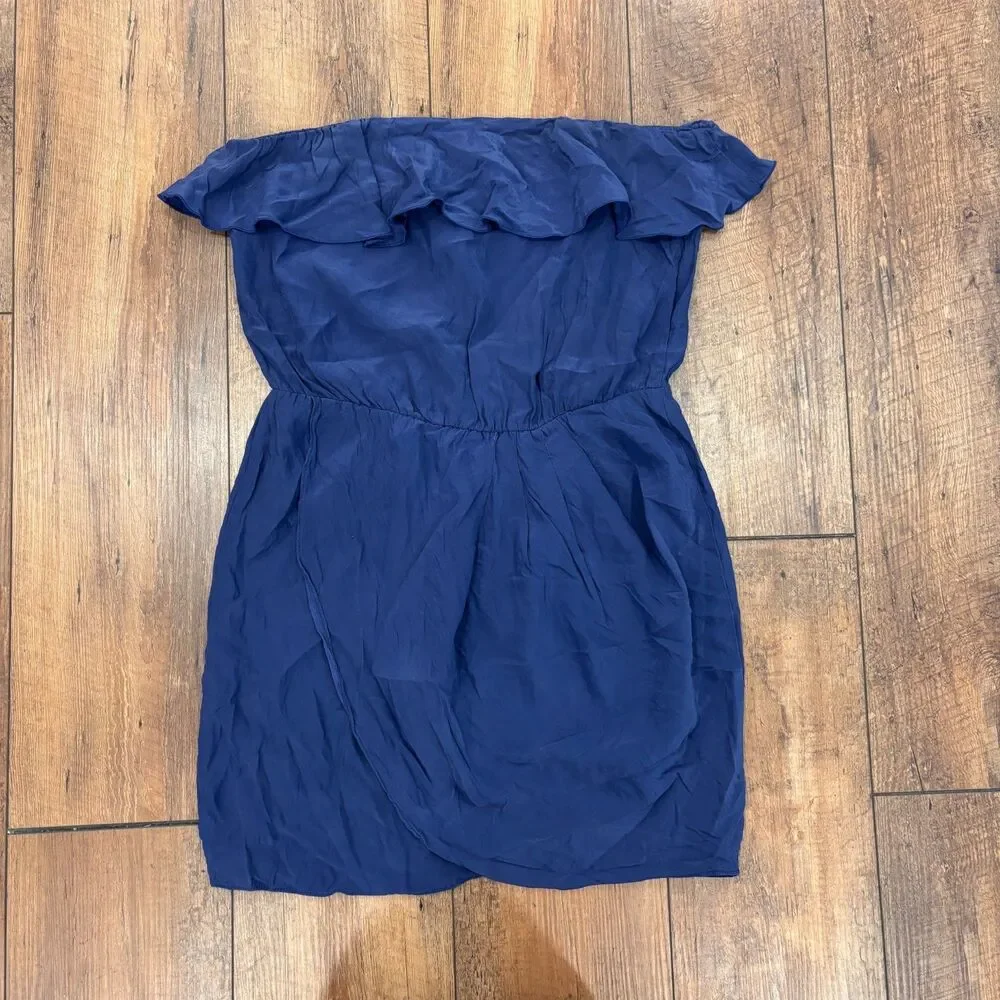 Amanda Uprichard Joan Dress Silk Strapless Navy Ruffle Mini Tulip Hem Womens M